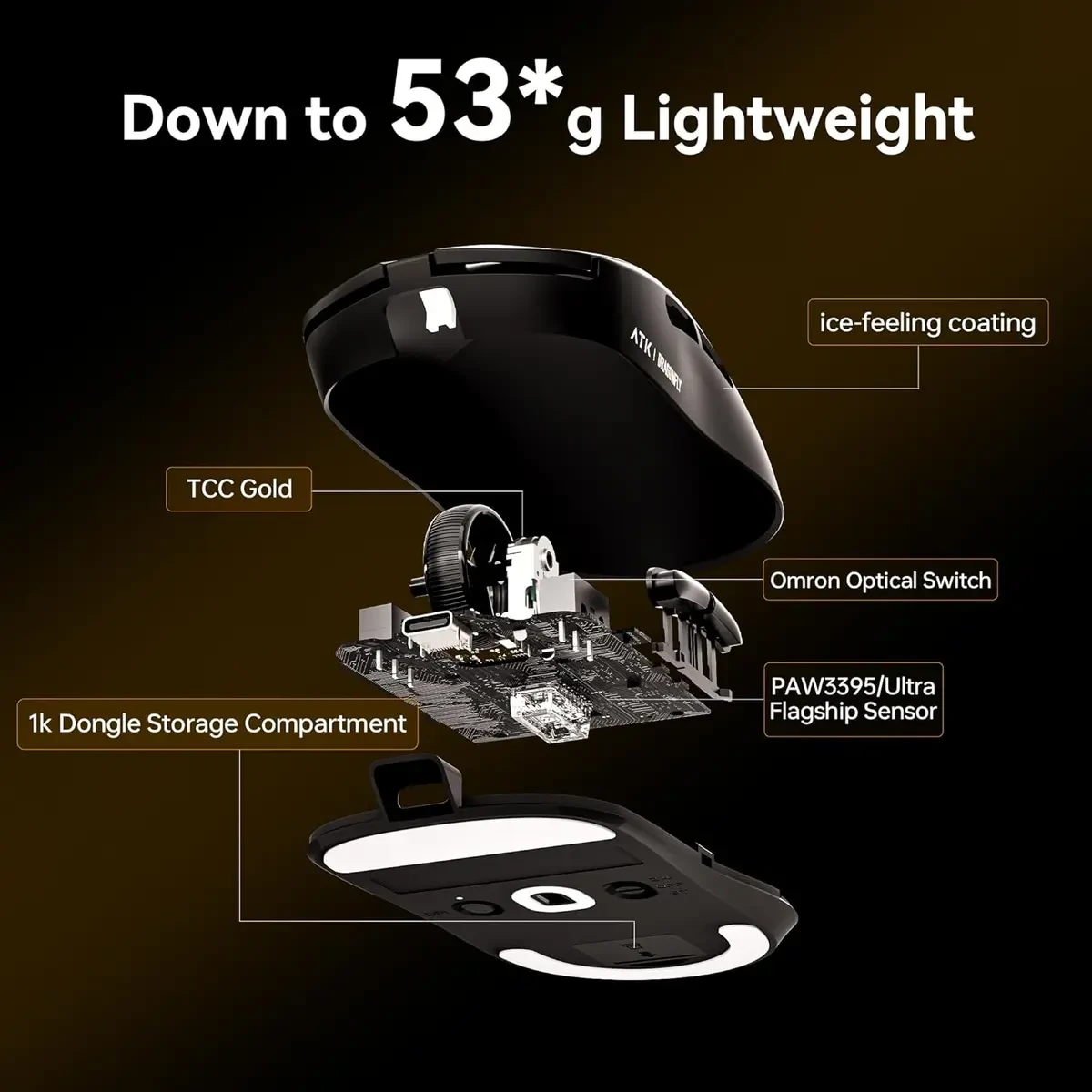 ATK Dragonfly A9 Plus Wireless Gaming Mouse, 57g Lightweight, PAW3395 Sensor, Adjustable DPI, 1K Polling, 240 Hr Battery Life, Tri-Mode NearLink/BT/Wired (Black) - Image 2