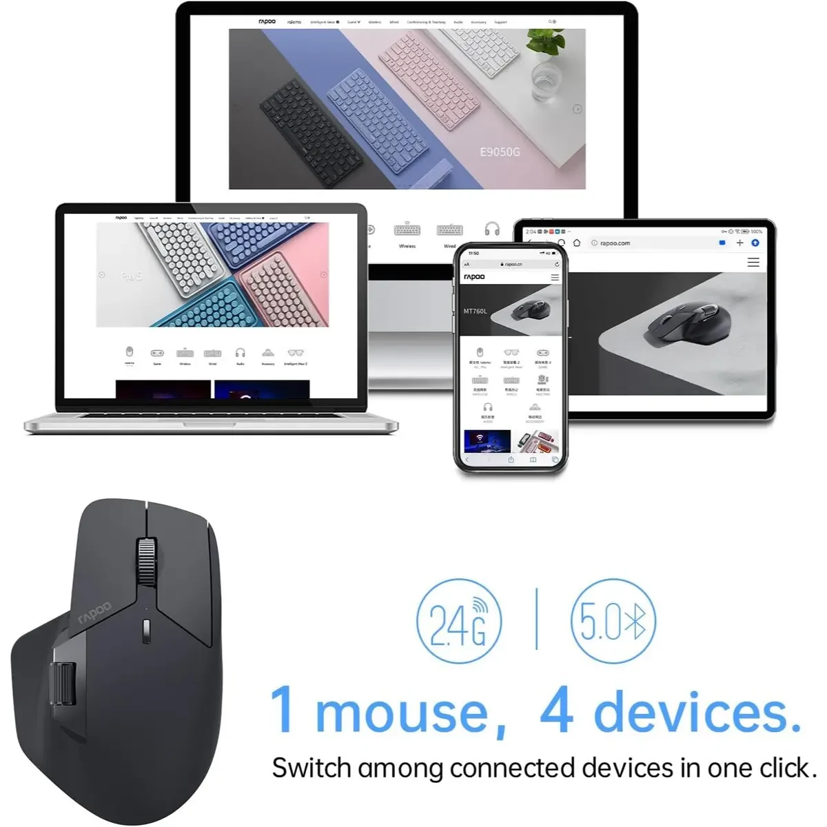 Rapoo MT760L Multi-Device Wireless Mouse, Bluetooth 5.0 and 2.4G Multi-Mode Connection, Up to 4 Devices, 11 Programmable Buttons, 4K DPI, 90 Days Battery Life, PC, Matte Black - Image 2