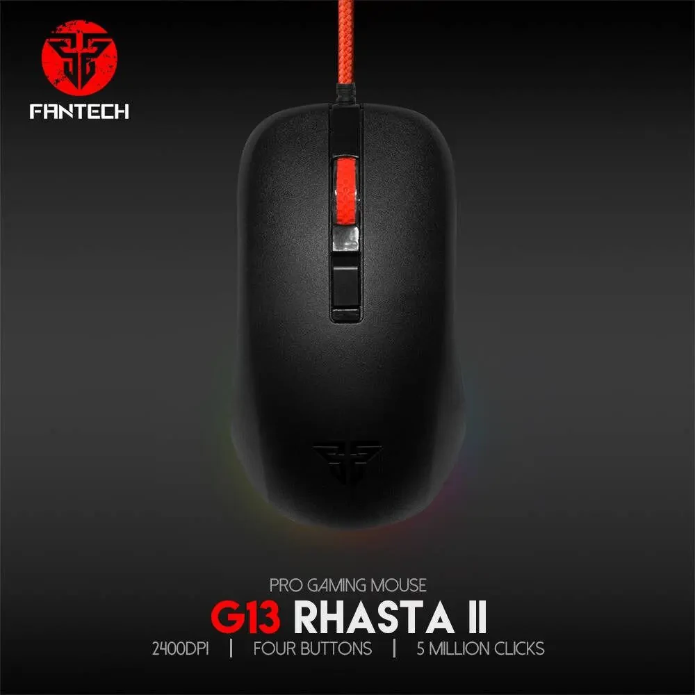 Fantech Rhasta II G13 Gaming Mouse, Optic Sensor, 2400 DPI Resolution, Ambidextrous Design, RGB Lights, Silicone & Rubber Scroll Wheel, 1.8m Cable, Black - Image 2