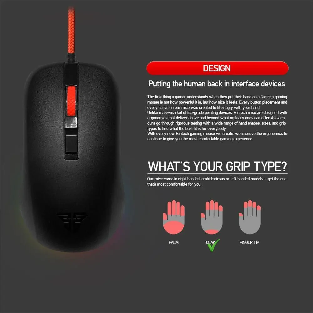 Fantech Rhasta II G13 Gaming Mouse, Optic Sensor, 2400 DPI Resolution, Ambidextrous Design, RGB Lights, Silicone & Rubber Scroll Wheel, 1.8m Cable, Black - Image 4