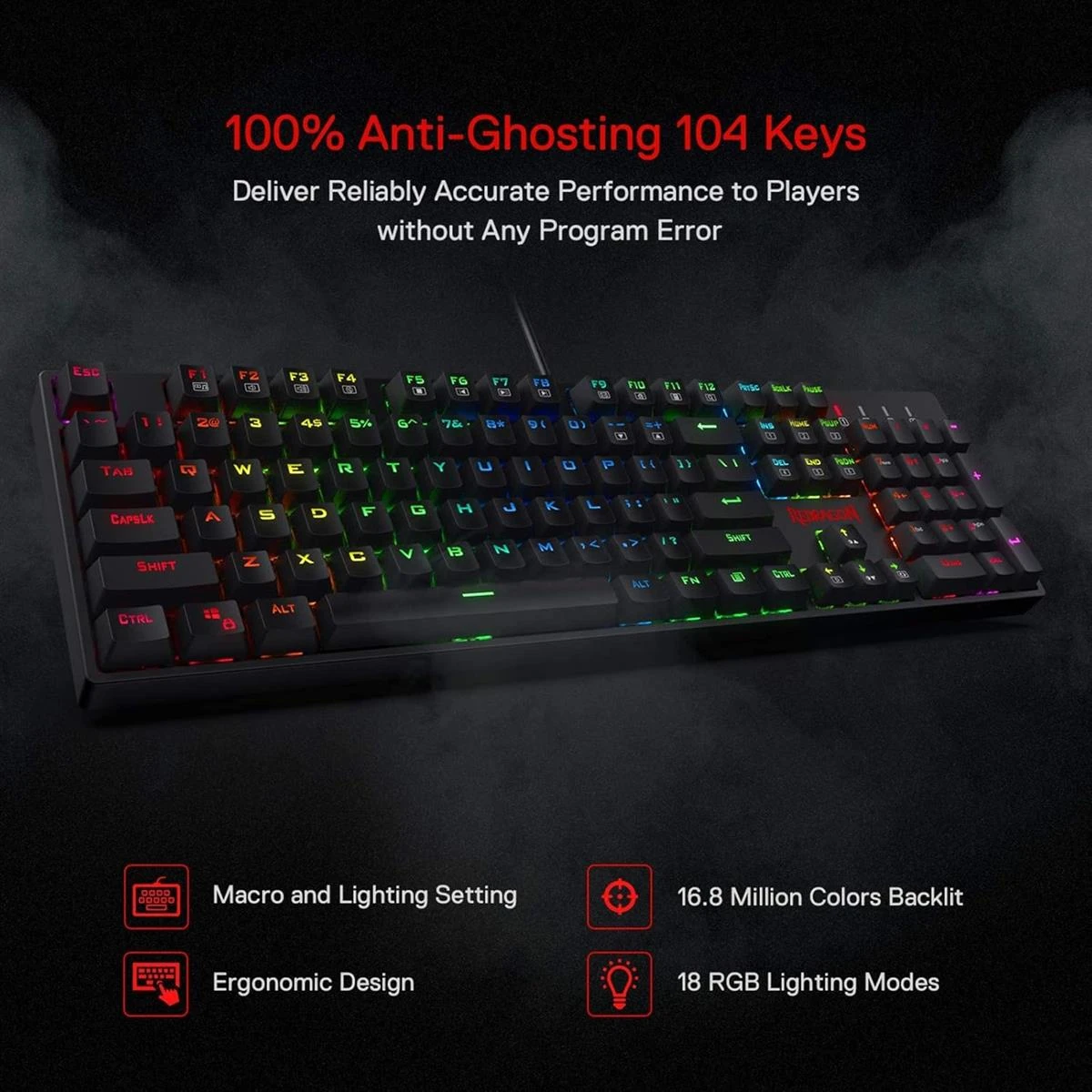 Redragon K582 Surara RGB Mechanical Gaming Keyboard, 100% 104 Keys Standard Layout Gaming Keyboard with Double-Shot ABS Keycaps, Dynamic 16.8M RGB Backlit & Linear Red Switch, Redefine Software Supported, Black - Image 6