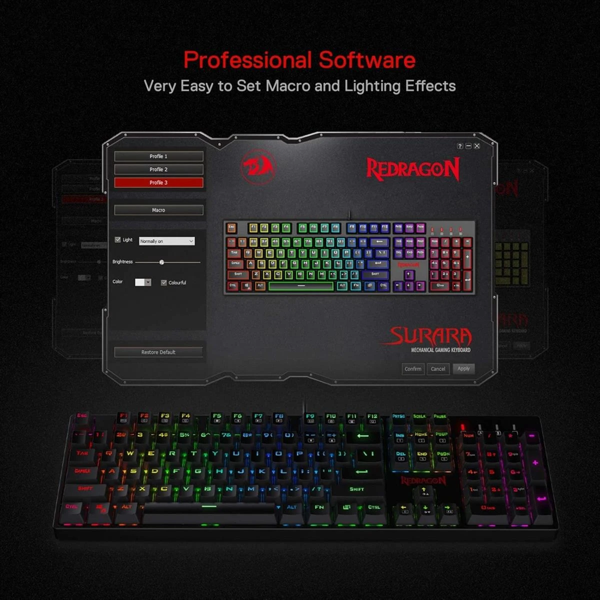 Redragon K582 Surara RGB Mechanical Gaming Keyboard, 100% 104 Keys Standard Layout Gaming Keyboard with Double-Shot ABS Keycaps, Dynamic 16.8M RGB Backlit & Linear Red Switch, Redefine Software Supported, Black - Image 7