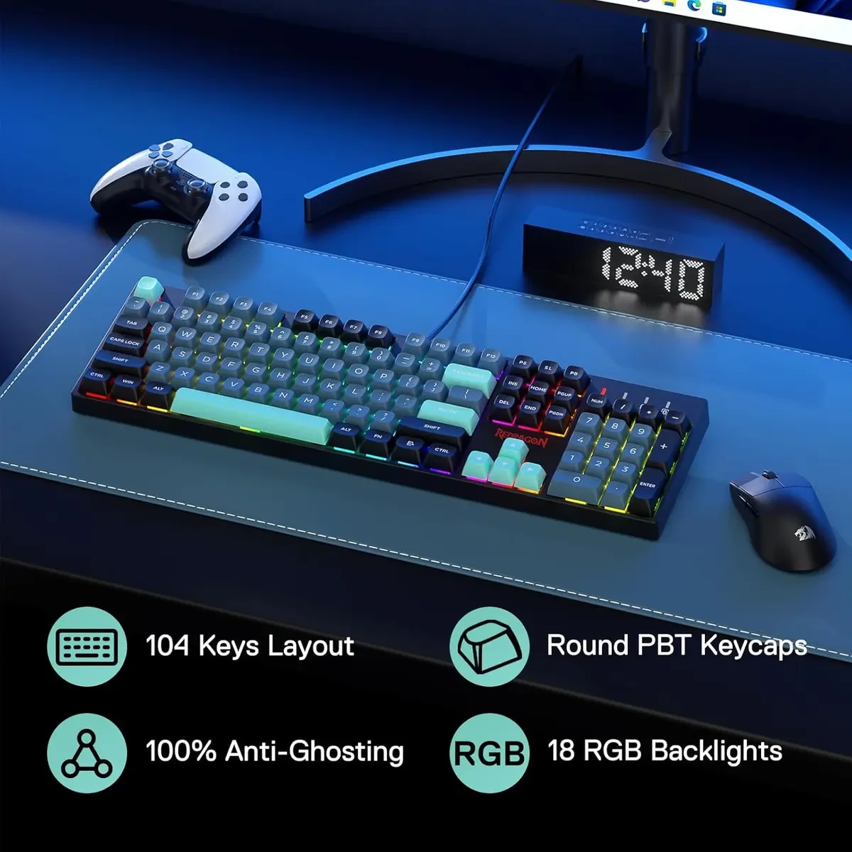 Redragon Surara K582 SE Wired RGB Gaming Keyboard, 104 Keys Mechanical Keyboard w/Mixed Color Round PBT Keycaps, Dynamic 16.8M RGB Backlit & Linear Red Switch, Redefine Software Supported (Dark Jade) - Image 2
