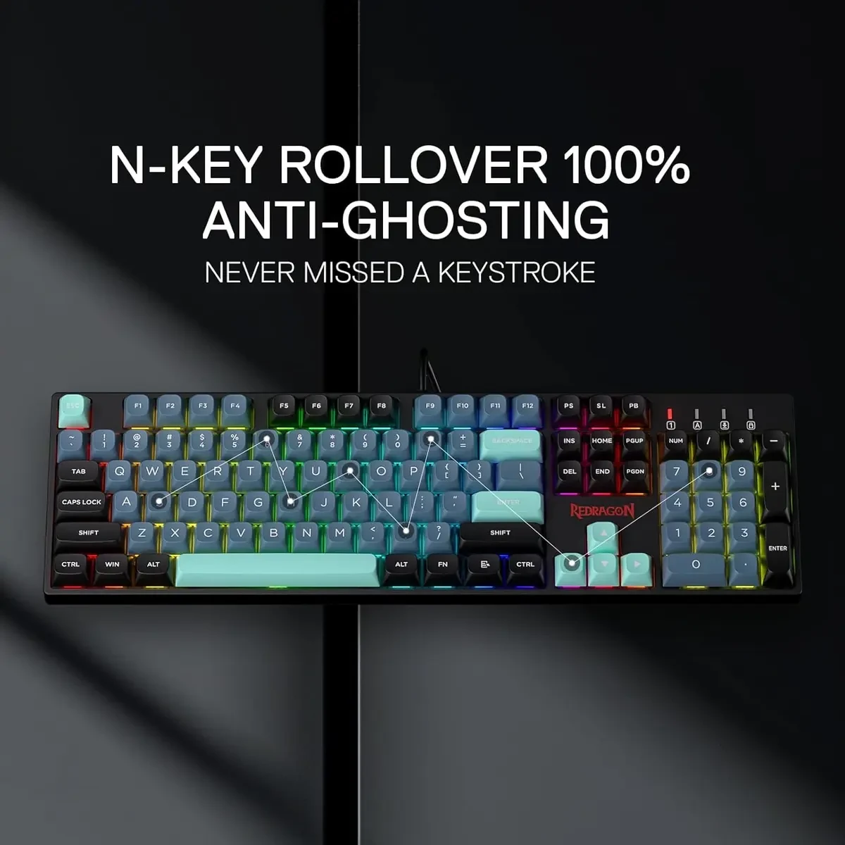 Redragon Surara K582 SE Wired RGB Gaming Keyboard, 104 Keys Mechanical Keyboard w/Mixed Color Round PBT Keycaps, Dynamic 16.8M RGB Backlit & Linear Red Switch, Redefine Software Supported (Dark Jade) - Image 7