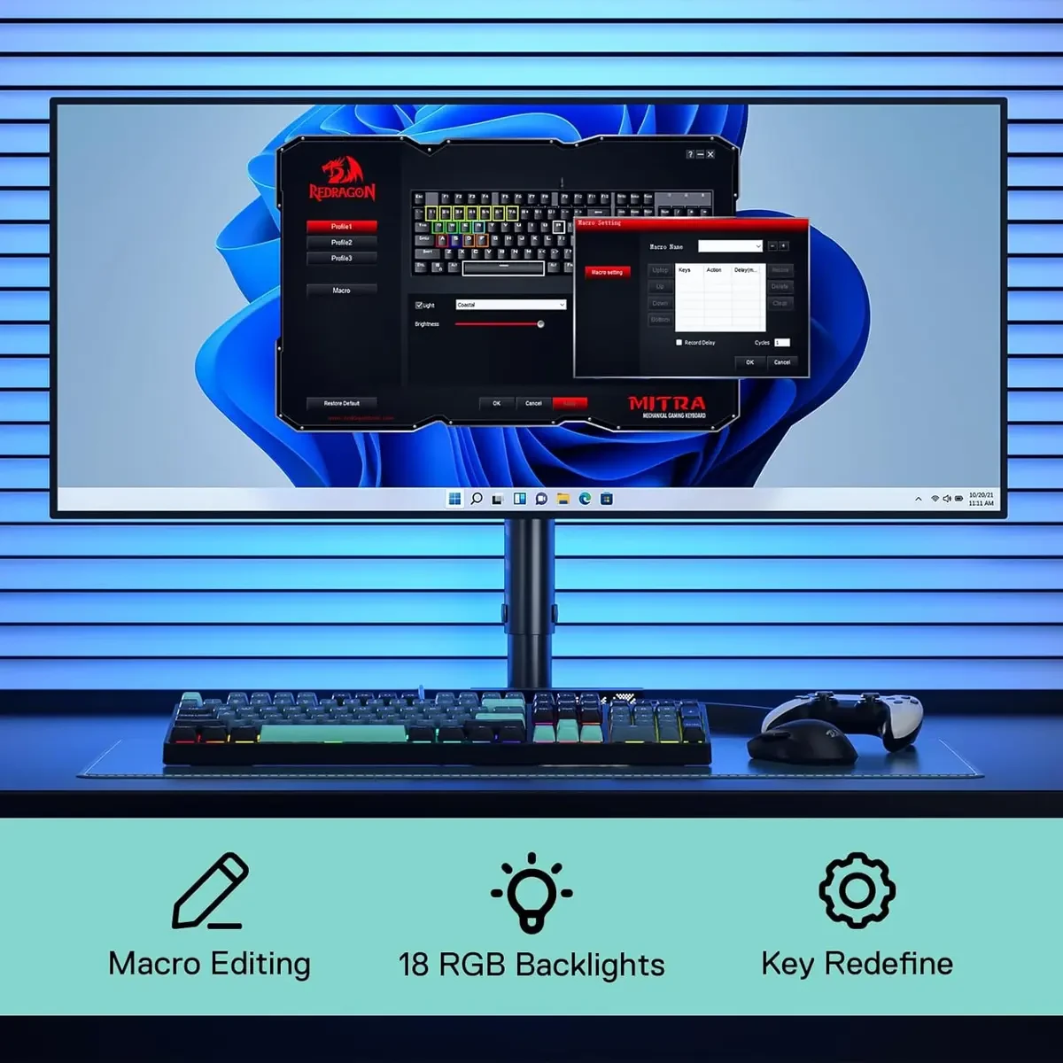 Redragon Surara K582 SE Wired RGB Gaming Keyboard, 104 Keys Mechanical Keyboard w/Mixed Color Round PBT Keycaps, Dynamic 16.8M RGB Backlit & Linear Red Switch, Redefine Software Supported (Dark Jade) - Image 8