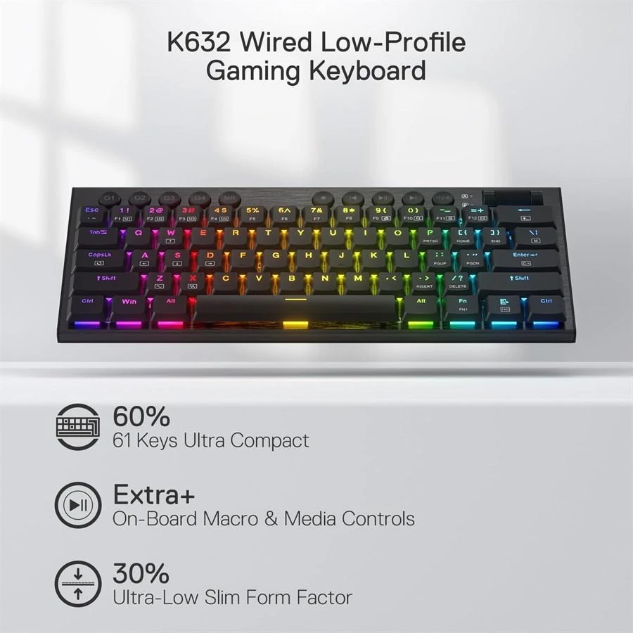 Redragon K632 Horus Mini Pro Wireless RGB Mechanical Gaming Keyboard, 5.0 BT/2.4 GHz/Wired Three Modes 60% Ultra-Thin Low Profile BT Keyboard w/Dedicated Media Control & Linear Red Switches, Black - Image 4
