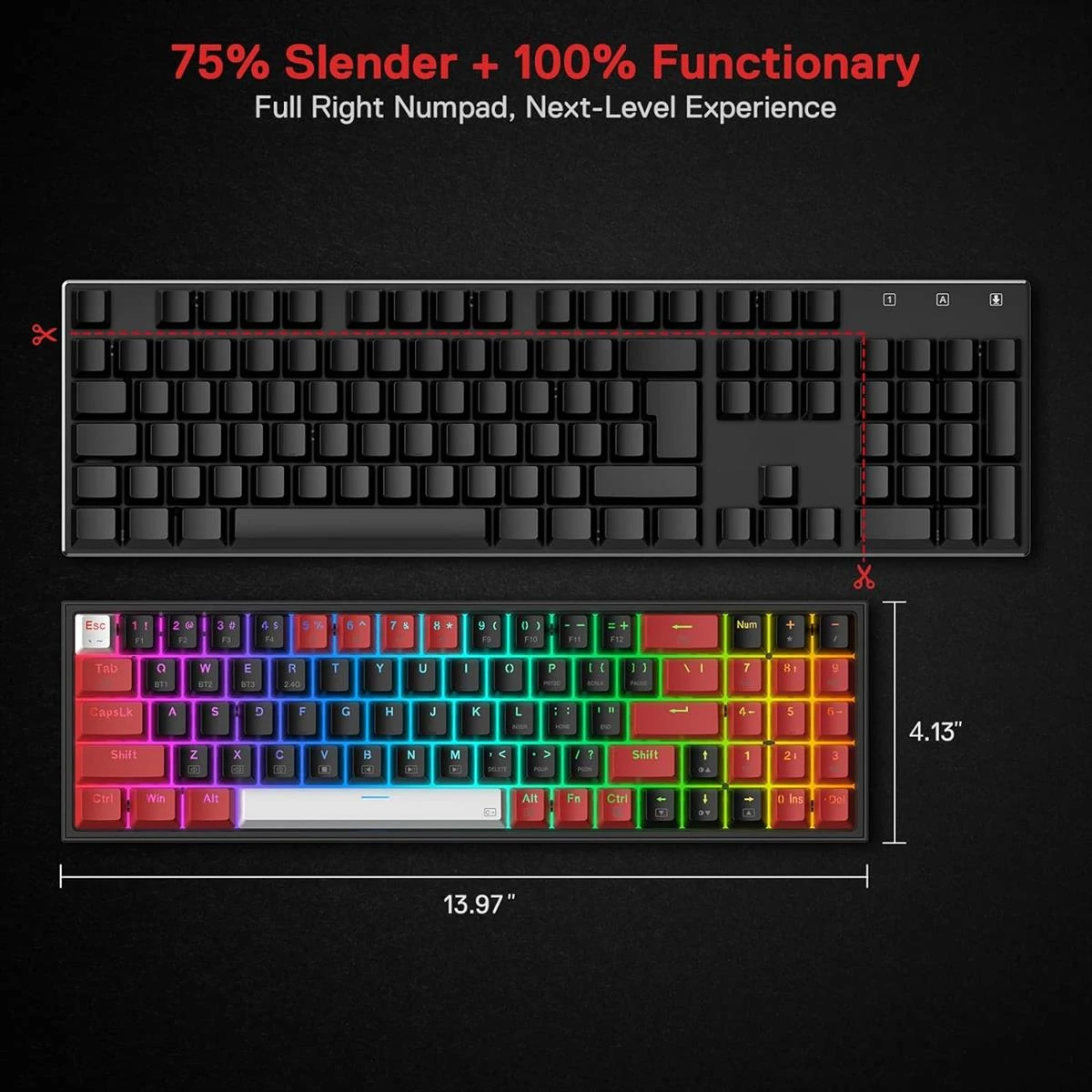 Redragon Pollux K628 PRO 75% RGB Wireless Mechanical Gaming Keyboard - Red Switches - Image 2