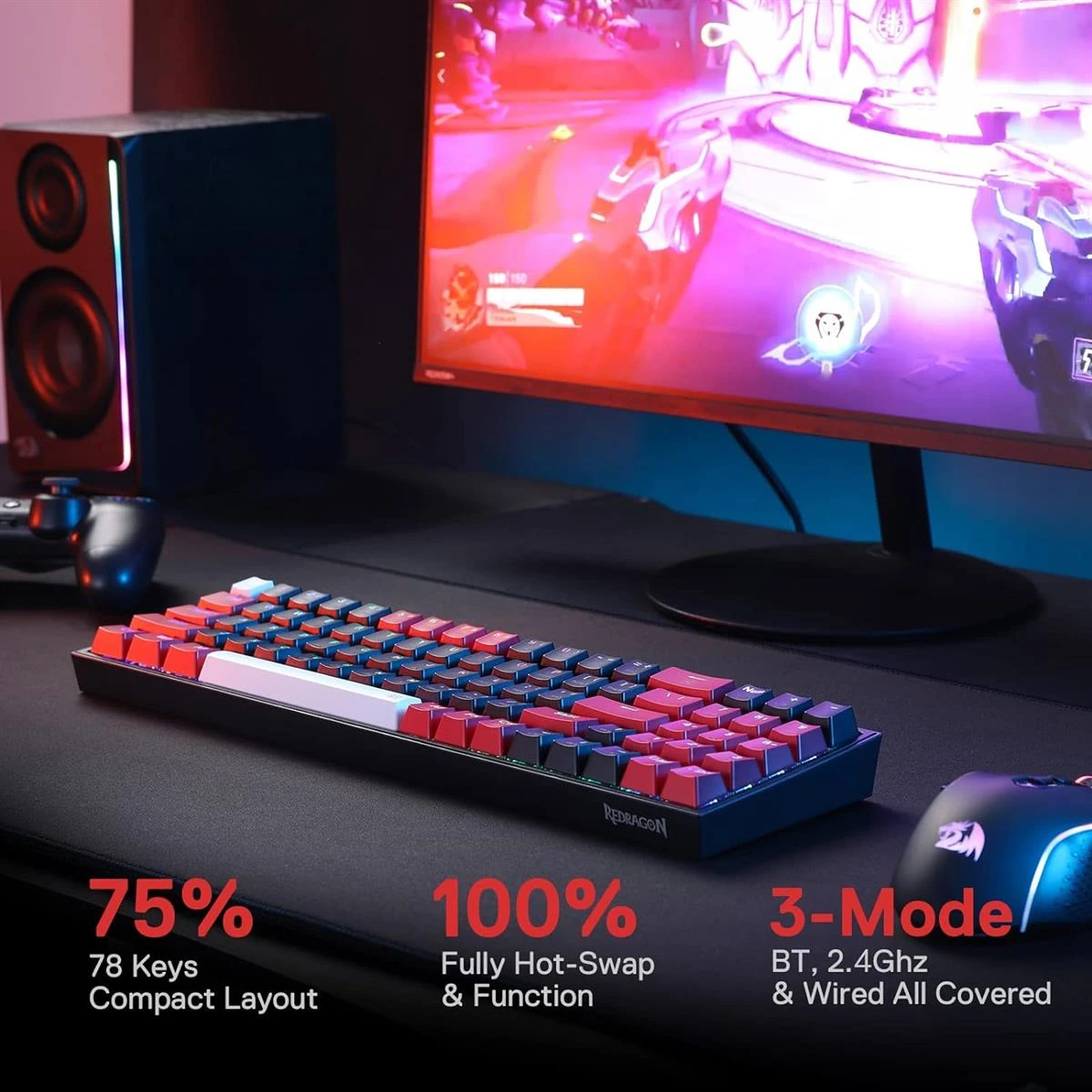 Redragon Pollux K628 PRO 75% RGB Wireless Mechanical Gaming Keyboard - Red Switches - Image 3