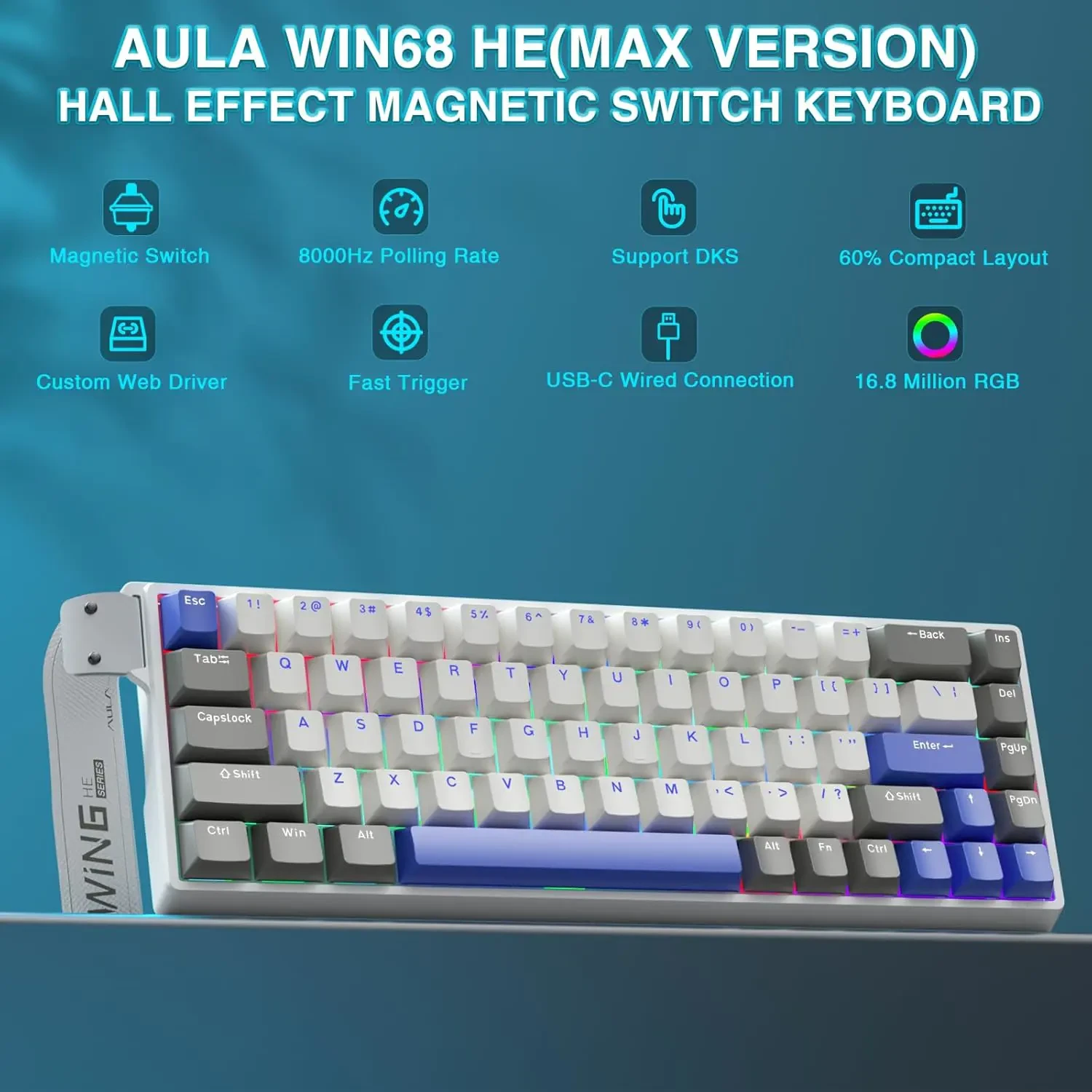 Aula WIN68 HE Max - Hall Effect Gaming Keyboard with WingChun Magnetic Switch, Adjustable Actuation Fast Trigger Mode, 8KHz Polling Rate, RGB Backlit Wired Mechanical Gaming Keyboard 60 Percent Compact Design, White Blue - Image 2