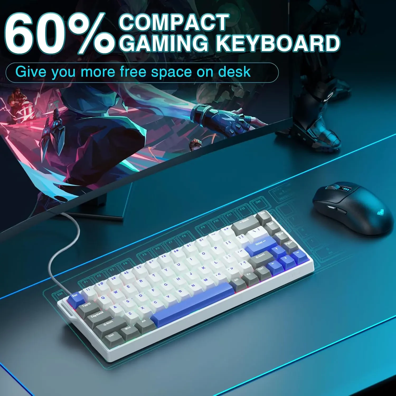 Aula WIN68 HE Max - Hall Effect Gaming Keyboard with WingChun Magnetic Switch, Adjustable Actuation Fast Trigger Mode, 8KHz Polling Rate, RGB Backlit Wired Mechanical Gaming Keyboard 60 Percent Compact Design, White Blue - Image 3