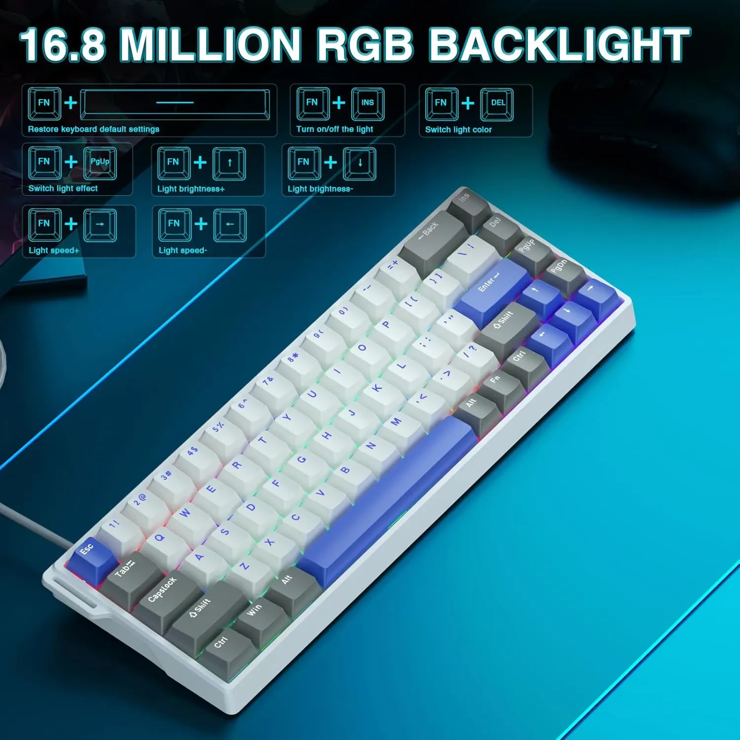 Aula WIN68 HE Max - Hall Effect Gaming Keyboard with WingChun Magnetic Switch, Adjustable Actuation Fast Trigger Mode, 8KHz Polling Rate, RGB Backlit Wired Mechanical Gaming Keyboard 60 Percent Compact Design, White Blue - Image 4