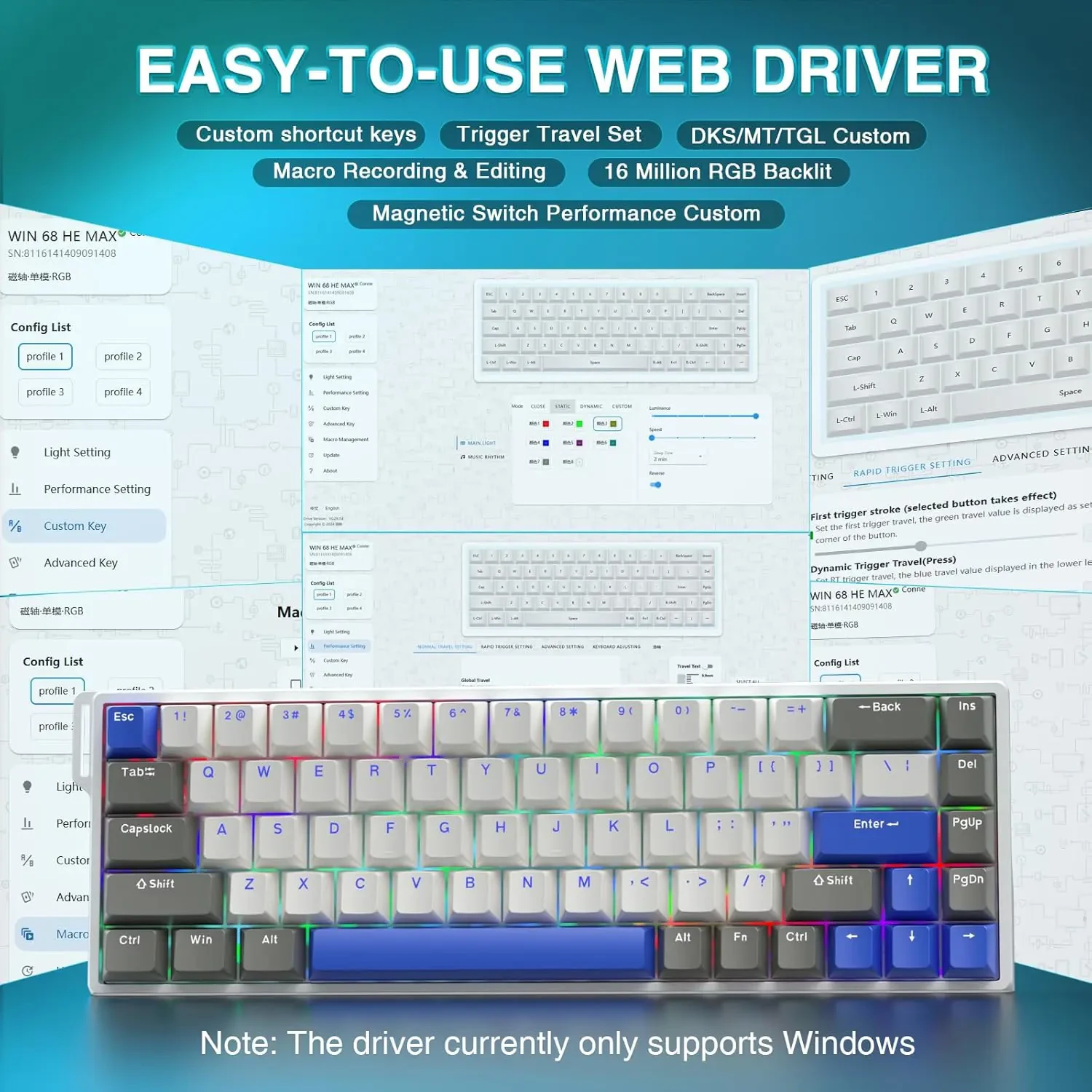 Aula WIN68 HE Max - Hall Effect Gaming Keyboard with WingChun Magnetic Switch, Adjustable Actuation Fast Trigger Mode, 8KHz Polling Rate, RGB Backlit Wired Mechanical Gaming Keyboard 60 Percent Compact Design, White Blue - Image 6