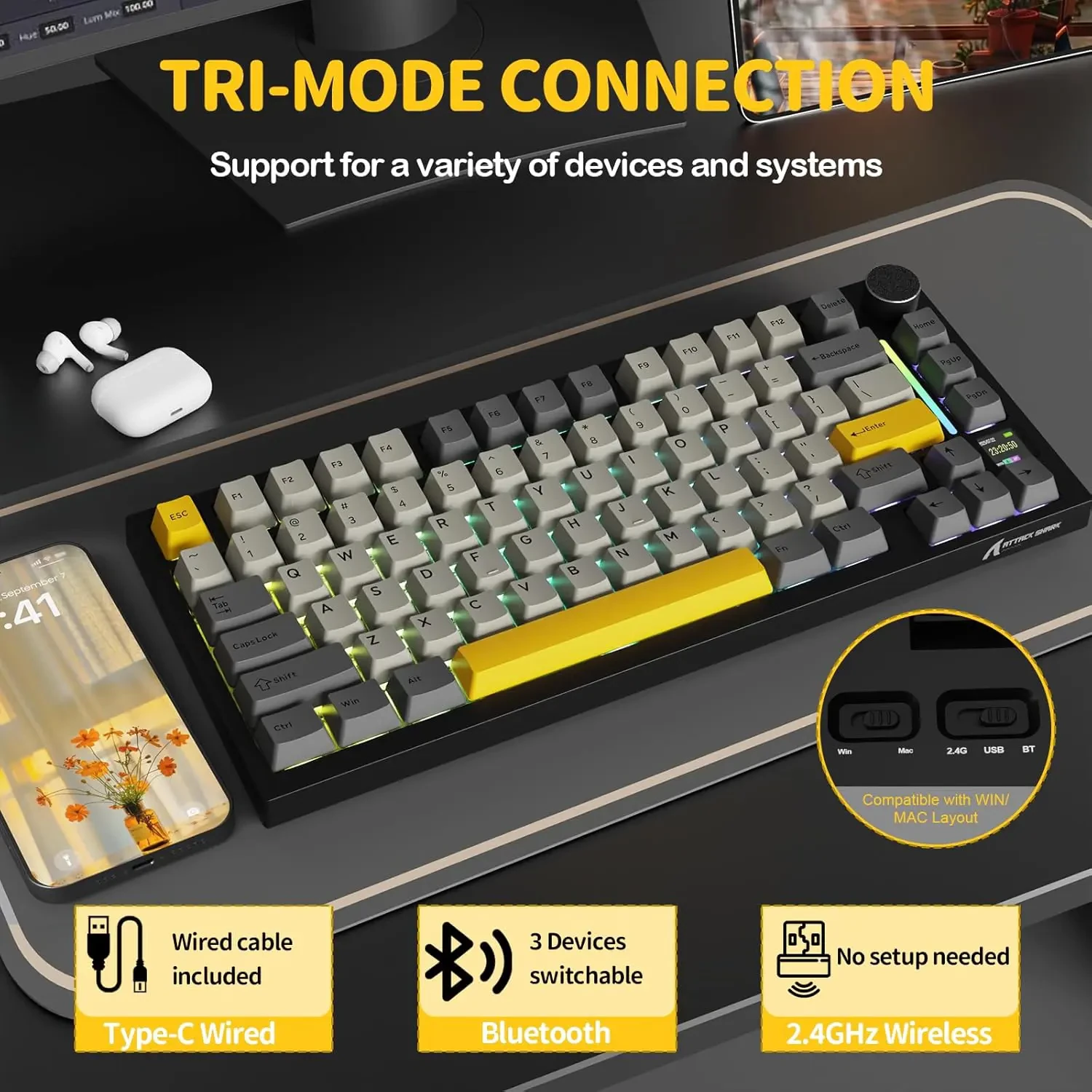 Attack Shark X820 Ultra Wireless Mechanical Keyboard with TFT Smart Display & Knob, 75% Hot Swappable Gaming Keyboard, BT/2.4G/Wired, RGB South Facing LED, PBT Keycaps (Black) - Image 4