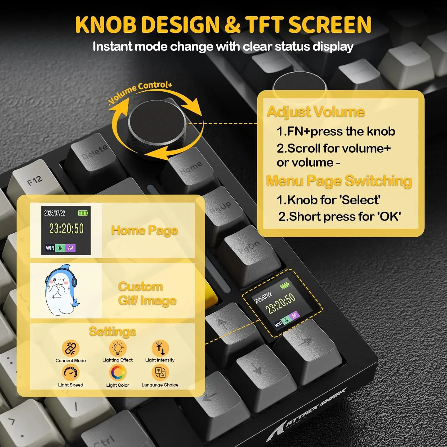 Attack Shark X820 Ultra Wireless Mechanical Keyboard with TFT Smart Display & Knob, 75% Hot Swappable Gaming Keyboard, BT/2.4G/Wired, RGB South Facing LED, PBT Keycaps (Black) - Image 6