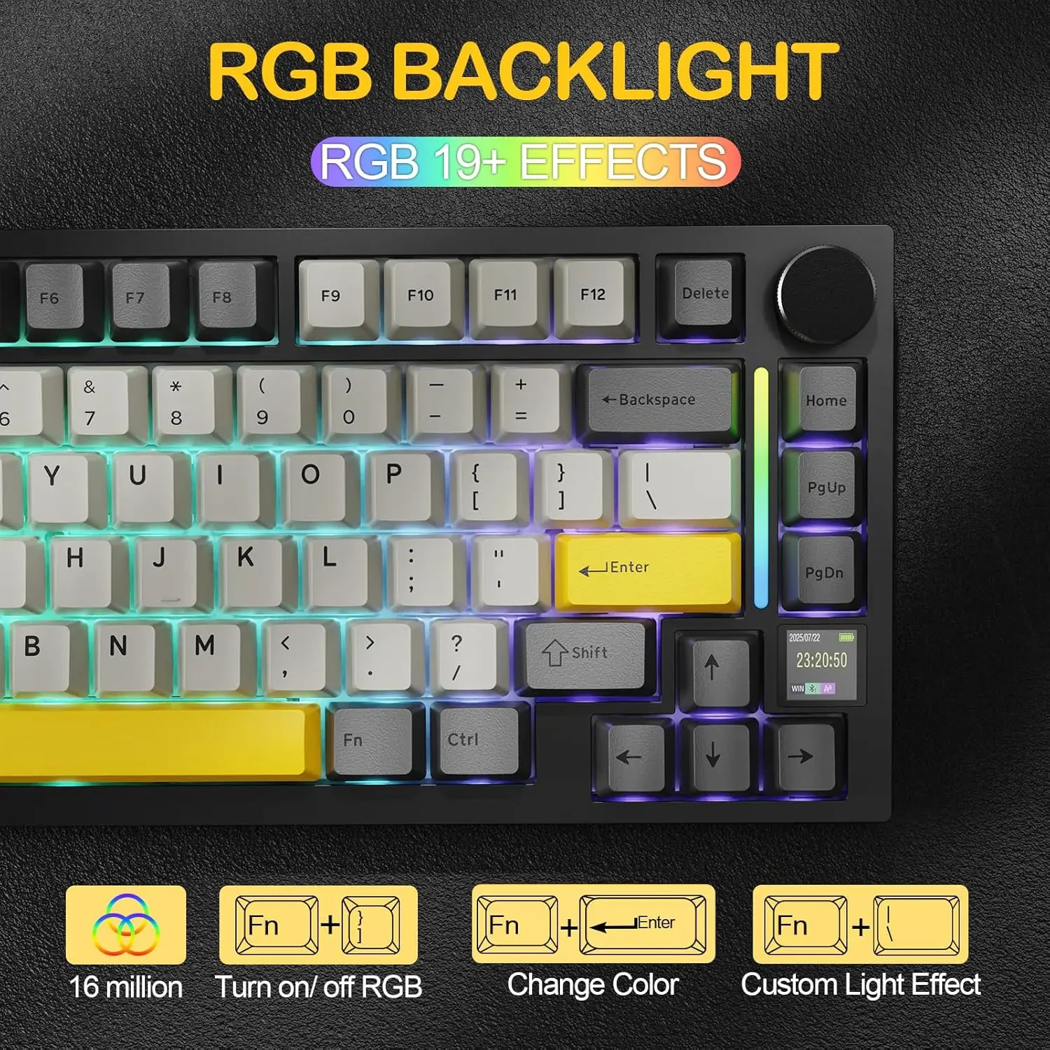 Attack Shark X820 Ultra Wireless Mechanical Keyboard with TFT Smart Display & Knob, 75% Hot Swappable Gaming Keyboard, BT/2.4G/Wired, RGB South Facing LED, PBT Keycaps (Black) - Image 7