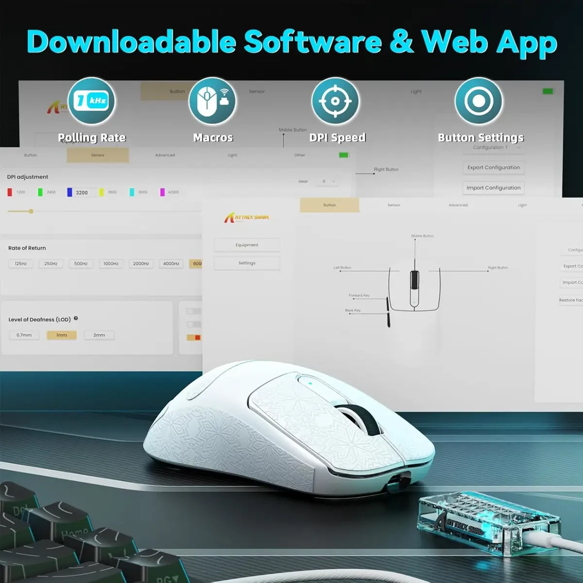 Attack Shark V5 Wireless Gaming Mouse with 42000 DPI, PAW3950 MAX Sensor, 55g Ultra-Lightweight, Nordic 52840 MCU, Wired/BT/2.4GHz Wirelss Programmable Mouse for PC/Mac (White) - Image 5