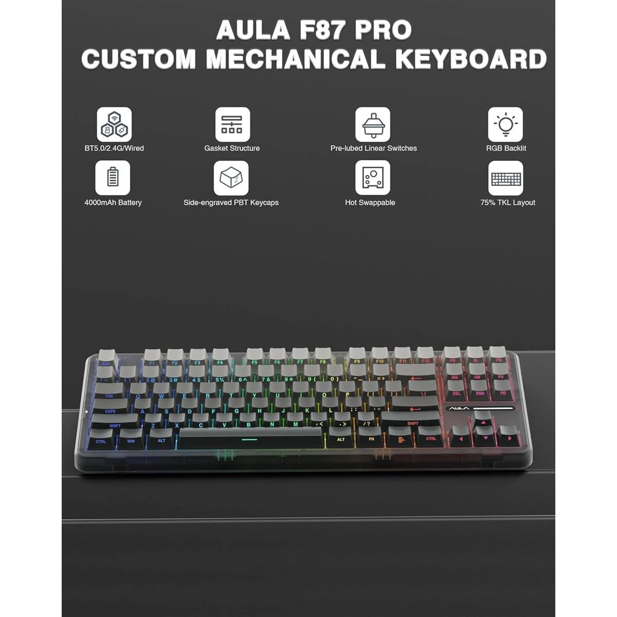 Aula F87 Pro Wireless Mechanical Keyboard, Tri-Mode BT5.0/2.4GHz/USB-C Gasket Hot Swappable Custom Keyboard, Side Printed PBT Keycaps, 75% TKL RGB Backlit Gaming Keyboard - Pre-Lubed Space Crystal Switches (Gradient Gray) - Image 2