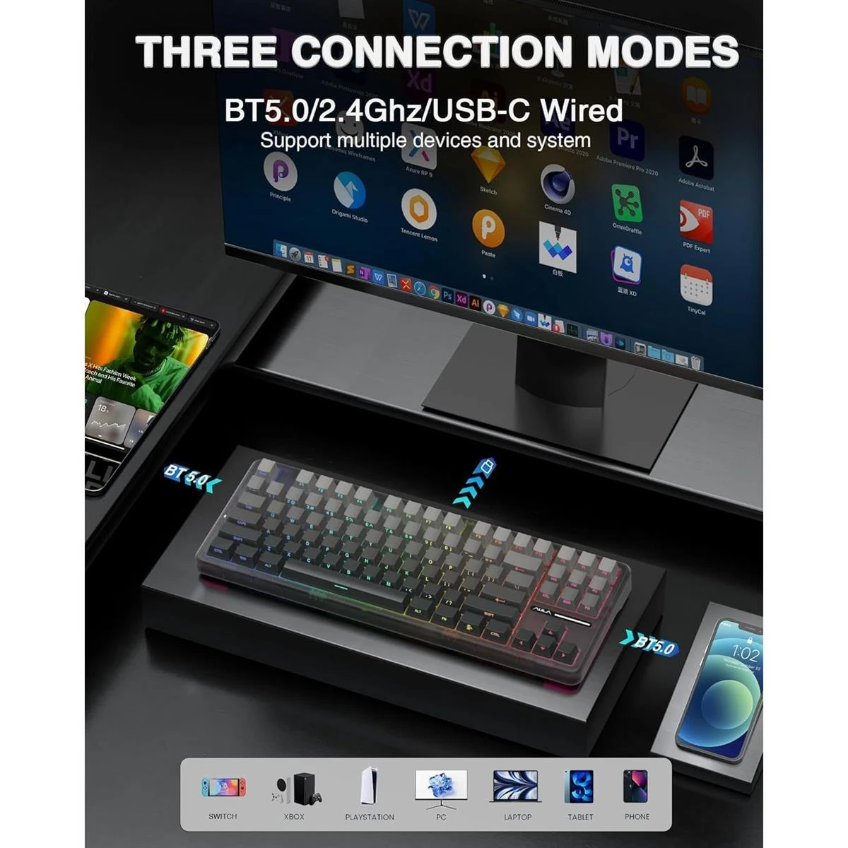 Aula F87 Pro Wireless Mechanical Keyboard, Tri-Mode BT5.0/2.4GHz/USB-C Gasket Hot Swappable Custom Keyboard, Side Printed PBT Keycaps, 75% TKL RGB Backlit Gaming Keyboard - Pre-Lubed Space Crystal Switches (Gradient Gray) - Image 4