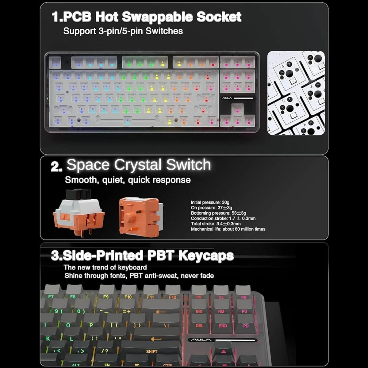 Aula F87 Pro Wireless Mechanical Keyboard, Tri-Mode BT5.0/2.4GHz/USB-C Gasket Hot Swappable Custom Keyboard, Side Printed PBT Keycaps, 75% TKL RGB Backlit Gaming Keyboard - Pre-Lubed Space Crystal Switches (Gradient Gray) - Image 5