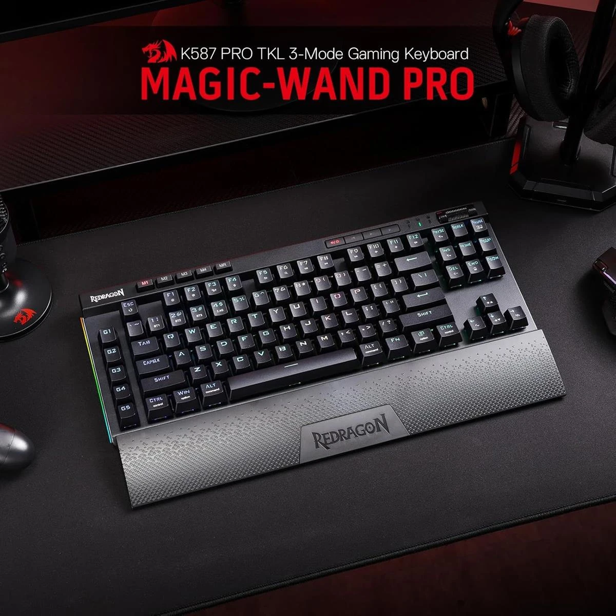 Redragon K587 Magic-Wand Pro TKL RGB 3-Mode Wireless Mechanical 87 Keys Gaming Keyboard, 9 Dedicated Macro Keys, Media Control w/Detachable Wrist Rest, Hot-Swap Linear Red Switches - Image 8
