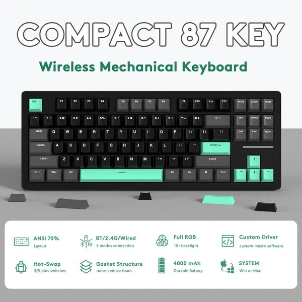 Attack Shark M87 75% Wireless Mechanical Gaming Keyboard, Three-Mode BT5.0 & 2.4G & Wired, 27 RGB Backlit, PBT Keycap (Black Green) - Image 2