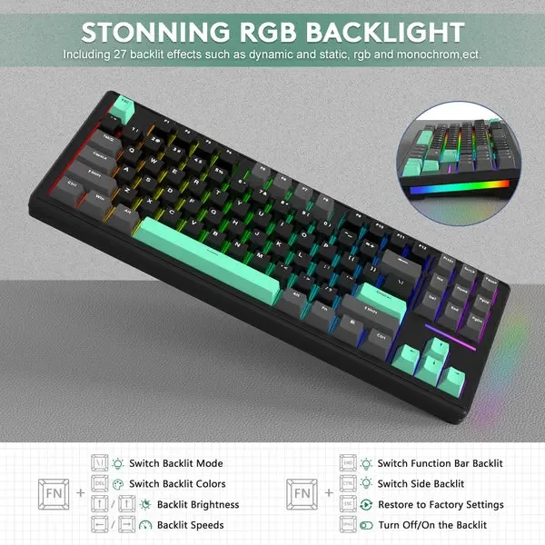 Attack Shark M87 75% Wireless Mechanical Gaming Keyboard, Three-Mode BT5.0 & 2.4G & Wired, 27 RGB Backlit, PBT Keycap (Black Green) - Image 5