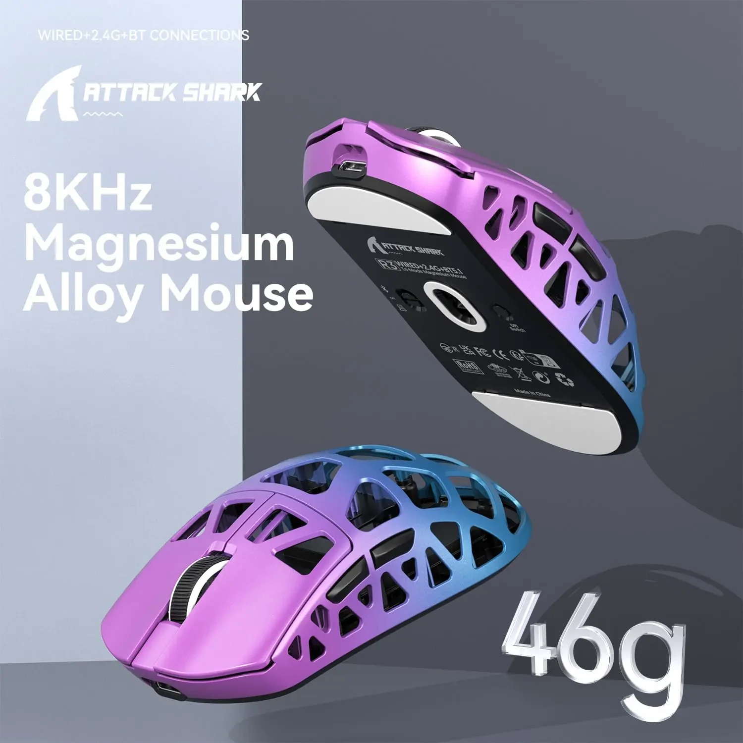 Attack Shark R3 46g Superlight Magnesium Alloy Wireless Gaming Mouse, BT/2.4Ghz/Wired Computer Mouse, 8000Hz Wireless Polling Rate, PAW3395 26K DPI Sensor, Programmable Mice, PC/Laptop/Mac (Purple Blue) - Image 2