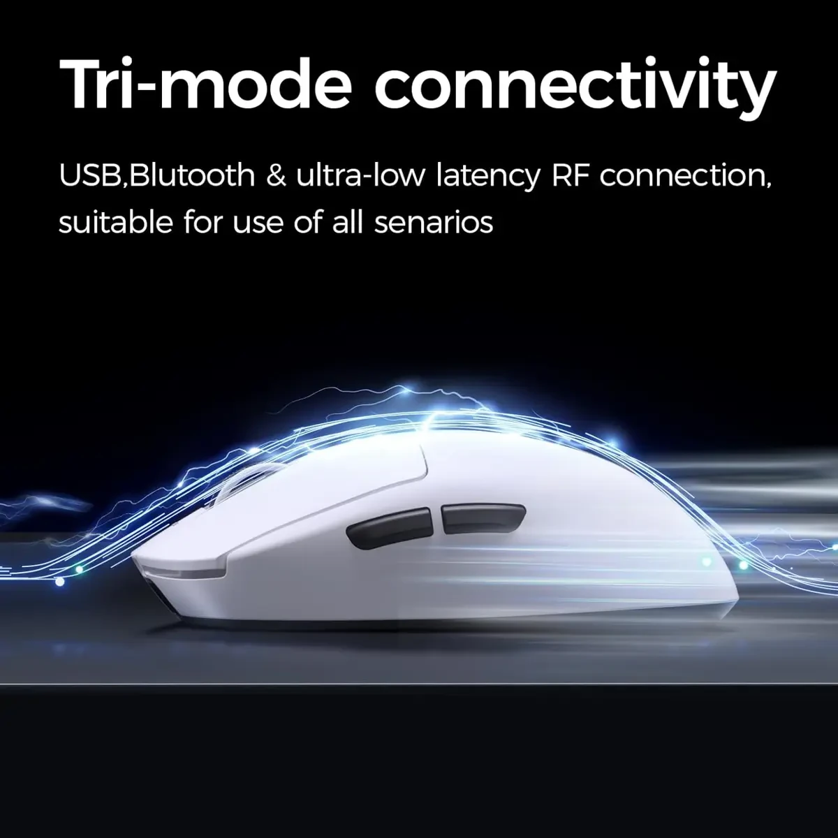 Mchose A7 Pro Wireless Gaming Mouse, Tri-Mode Connection, 59 Grams, PAW3395 26K DPI Sensor, Wired 8K/Wireless 1K Polling, 130 Hour Battery Life - Black - Image 3