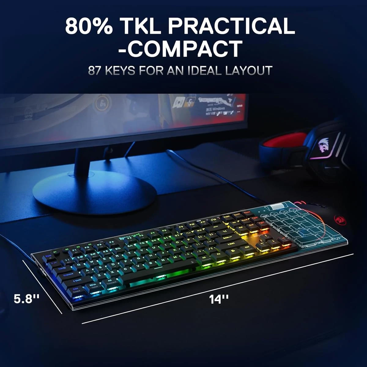 Redragon K621 Horus Pro TKL Wireless RGB Mechanical Gaming Keyboard, 5.0 BT/2.4 Ghz/Wired Three Modes 80% Ultra-Thin Low Profile BT Keyboard w/Dedicated Media Control & Linear Red Switches, Black - Image 3
