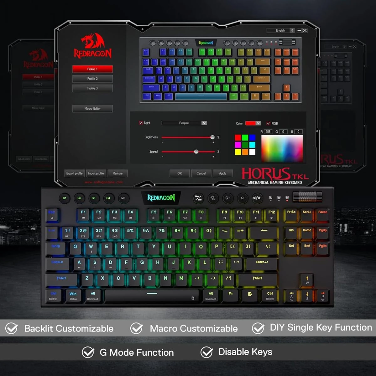 Redragon K621 Horus Pro TKL Wireless RGB Mechanical Gaming Keyboard, 5.0 BT/2.4 Ghz/Wired Three Modes 80% Ultra-Thin Low Profile BT Keyboard w/Dedicated Media Control & Linear Red Switches, Black - Image 8