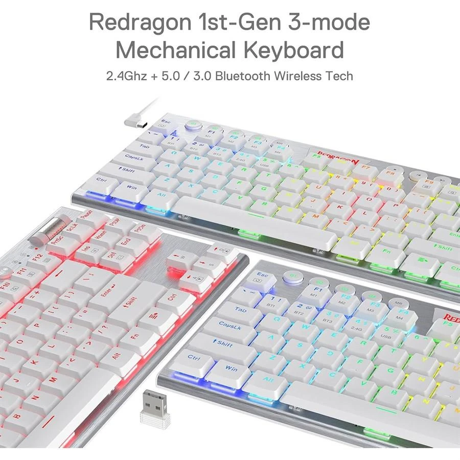 Redragon K621 Horus Pro TKL Wireless RGB Mechanical Gaming Keyboard, 5.0 BT/2.4 Ghz/Wired Three Modes 80% Ultra-Thin Low Profile BT Keyboard w/Dedicated Media Control & Linear Red Switches, White - Image 3