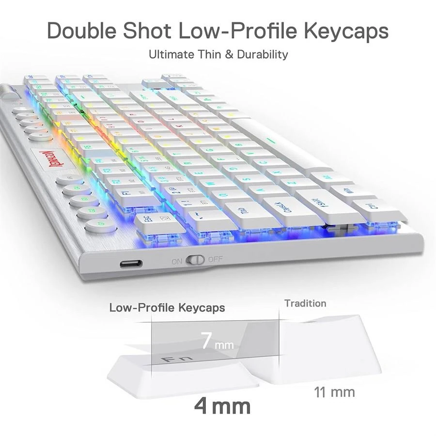 Redragon K621 Horus Pro TKL Wireless RGB Mechanical Gaming Keyboard, 5.0 BT/2.4 Ghz/Wired Three Modes 80% Ultra-Thin Low Profile BT Keyboard w/Dedicated Media Control & Linear Red Switches, White - Image 4