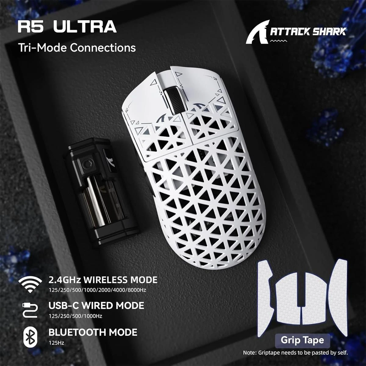 Attack Shark R5 Ultra 8K Carbon Fiber Wireless Gaming Mouse with 42,000 DPI - PAW3950 MAX Sensor, Nordic 52840 MCU Chip, 39g Ultra-Lightweight, Wired/BT/2.4GHz Wireless Programmable Mice Griptape for PC/Mac (White) - Image 2