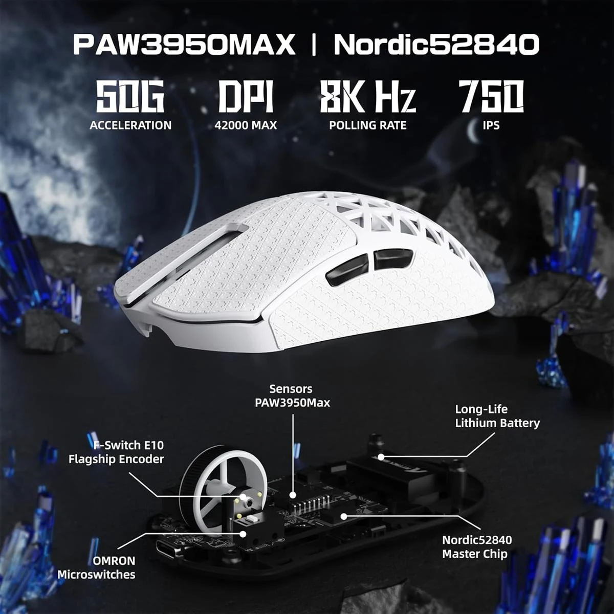 Attack Shark R5 Ultra 8K Carbon Fiber Wireless Gaming Mouse with 42,000 DPI - PAW3950 MAX Sensor, Nordic 52840 MCU Chip, 39g Ultra-Lightweight, Wired/BT/2.4GHz Wireless Programmable Mice Griptape for PC/Mac (White) - Image 3