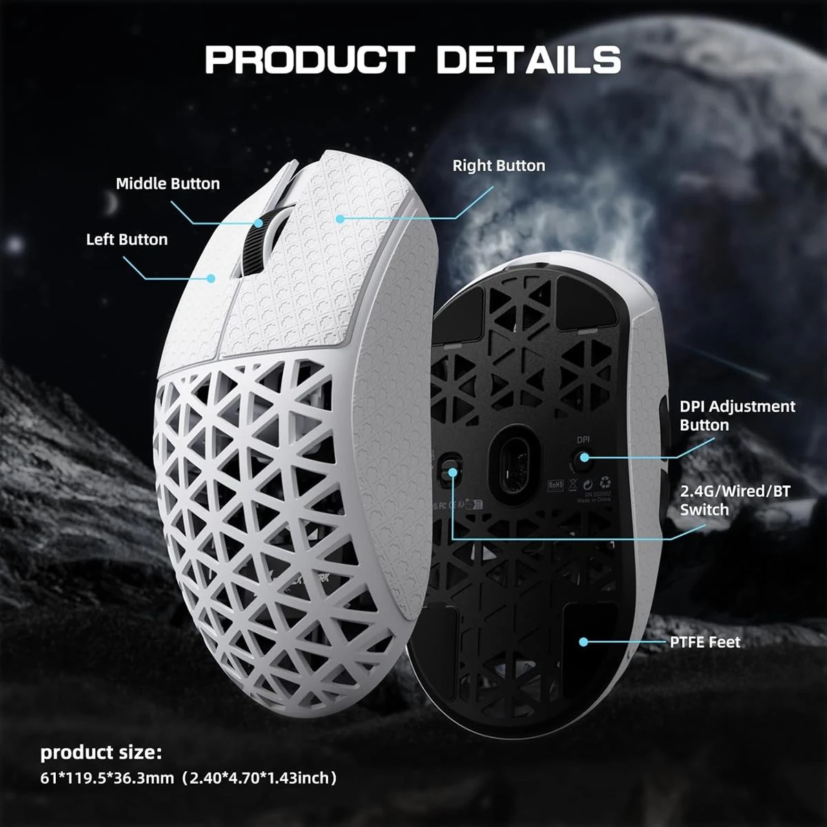 Attack Shark R5 Ultra 8K Carbon Fiber Wireless Gaming Mouse with 42,000 DPI - PAW3950 MAX Sensor, Nordic 52840 MCU Chip, 39g Ultra-Lightweight, Wired/BT/2.4GHz Wireless Programmable Mice Griptape for PC/Mac (White) - Image 8