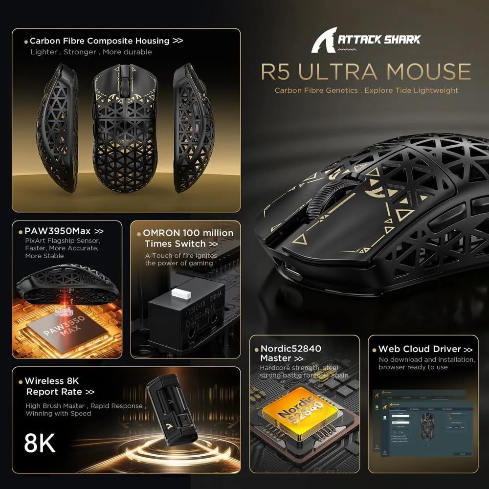 Attack Shark R5 Ultra 8K Carbon Fiber Wireless Gaming Mouse with 42,000 DPI - PAW3950 MAX Sensor, Nordic 52840 MCU Chip, 39g Ultra-Lightweight, Wired/BT/2.4GHz Wireless Programmable Mice Griptape for PC/Mac (Black) - Image 3