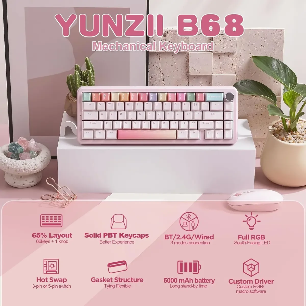 Yunzii B68 Wireless Mechanical Keyboard, Tri-Mode BT5.0/2.4GHz/USB-C, Cute PBT Keycaps, Hot Swappable Creamy Typing Gasket Mounted, RGB Backlit NKRO for Win/Mac (Pink, Milk V2 Switch) - Image 2