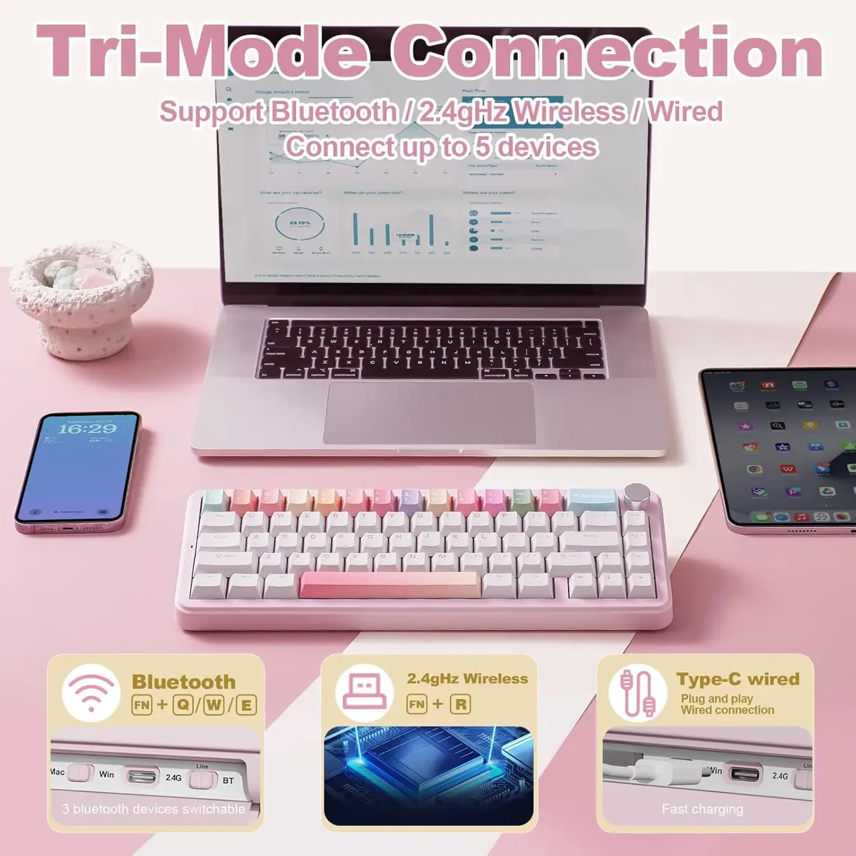 Yunzii B68 Wireless Mechanical Keyboard, Tri-Mode BT5.0/2.4GHz/USB-C, Cute PBT Keycaps, Hot Swappable Creamy Typing Gasket Mounted, RGB Backlit NKRO for Win/Mac (Pink, Milk V2 Switch) - Image 5