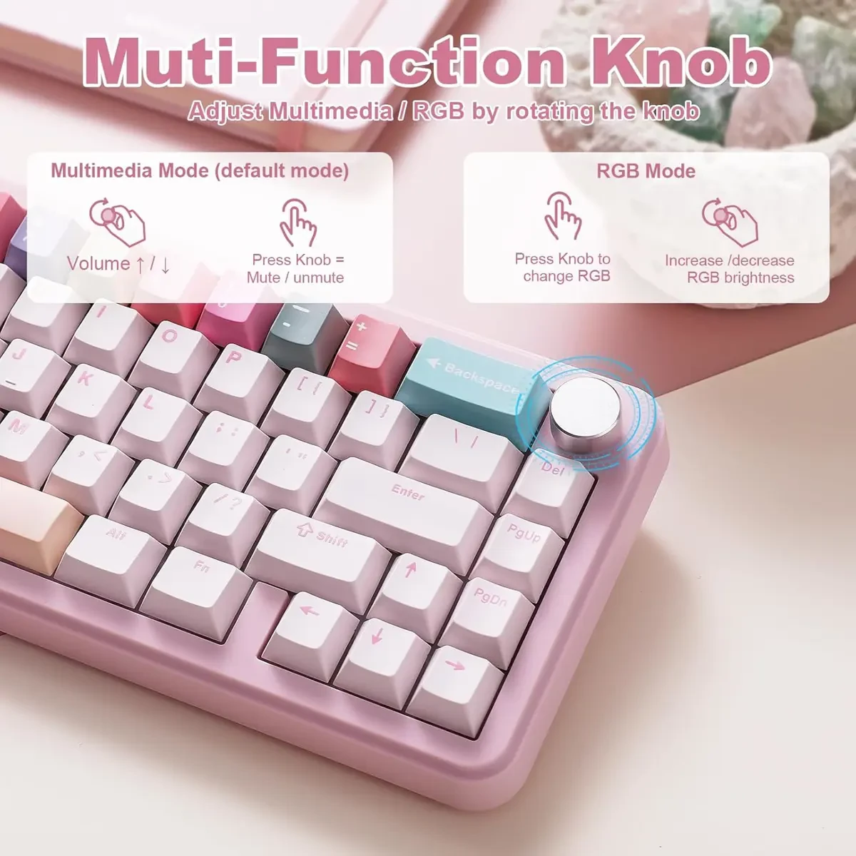 Yunzii B68 Wireless Mechanical Keyboard, Tri-Mode BT5.0/2.4GHz/USB-C, Cute PBT Keycaps, Hot Swappable Creamy Typing Gasket Mounted, RGB Backlit NKRO for Win/Mac (Pink, Milk V2 Switch) - Image 7