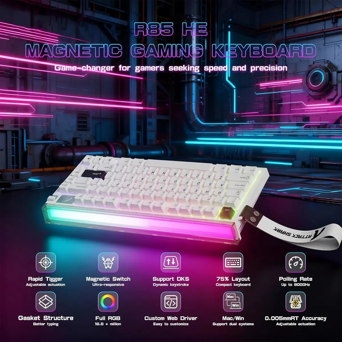 Attack Shark R85 HE Rapid Trigger Keyboard Magnetic Switch with Custom Lightbox, 75% Wired Mechanical Keyboard, 8KHz Polling Rate, 0.005mm RT Accuracy, Support RT/Snap Tap/DKS/MT/TGL (White) - Image 2