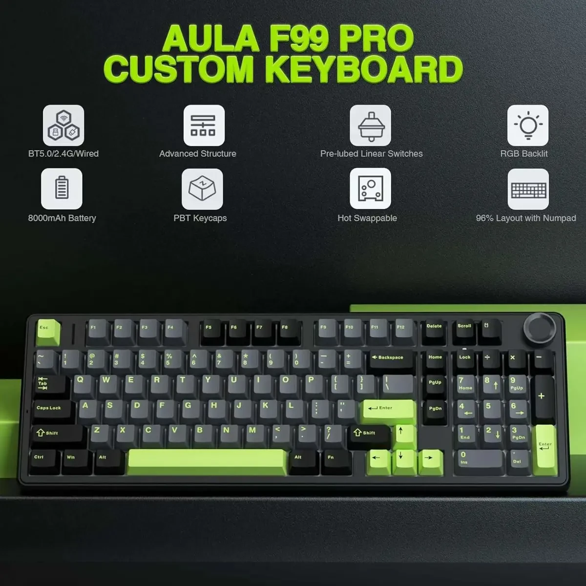 Aula F99 PRO Wireless Gaming Keyboard with 8000mAh Battery, Hot Swappable Creamy Keyboard, 2.4GHz/Type-C/BT5.0, NKRO, RGB Backlit for Win/Mac/Gaming (Thunder Black) - Image 2