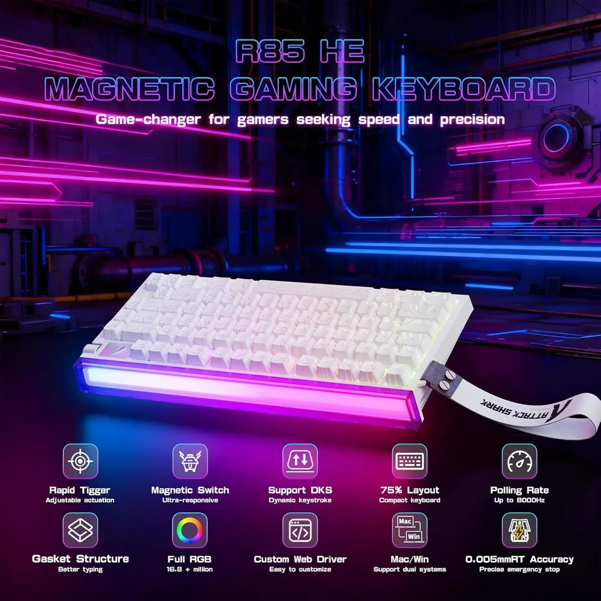 Attack Shark R85 HE Rapid Trigger Keyboard Magnetic Switch with Custom Lightbox, 75% Wired Mechanical Keyboard, 8KHz Polling Rate, 0.005mm RT Accuracy, Support RT/Snap Tap/DKS/MT/TGL (White Contour) - Image 2