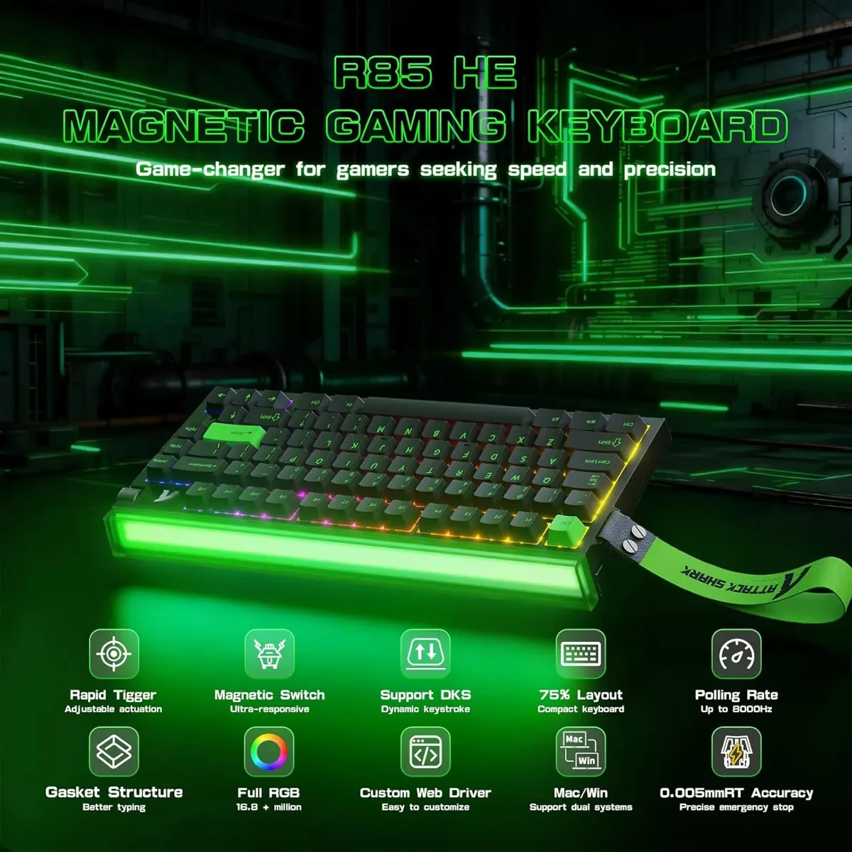 Attack Shark R85 HE Rapid Trigger Keyboard Magnetic Switch with Custom Lightbox, 75% Wired Mechanical Keyboard, 8KHz Polling Rate, 0.005mm RT Accuracy, Support RT/Snap Tap/DKS/MT/TGL (Black) - Image 2