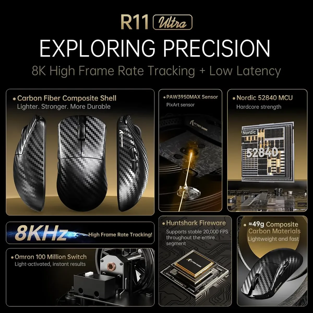 Attack Shark R11 Ultra 8K Carbon Fiber Wireless Gaming Mouse, PAW3950 MAX Sensor, 49g Ultra-Lightweight, Nordic 52840 MCU Chip, 42000 DPI, Wired/BT/2.4GHz Wireless Programmable Mouse for PC/Mac - Weave Black - Image 2