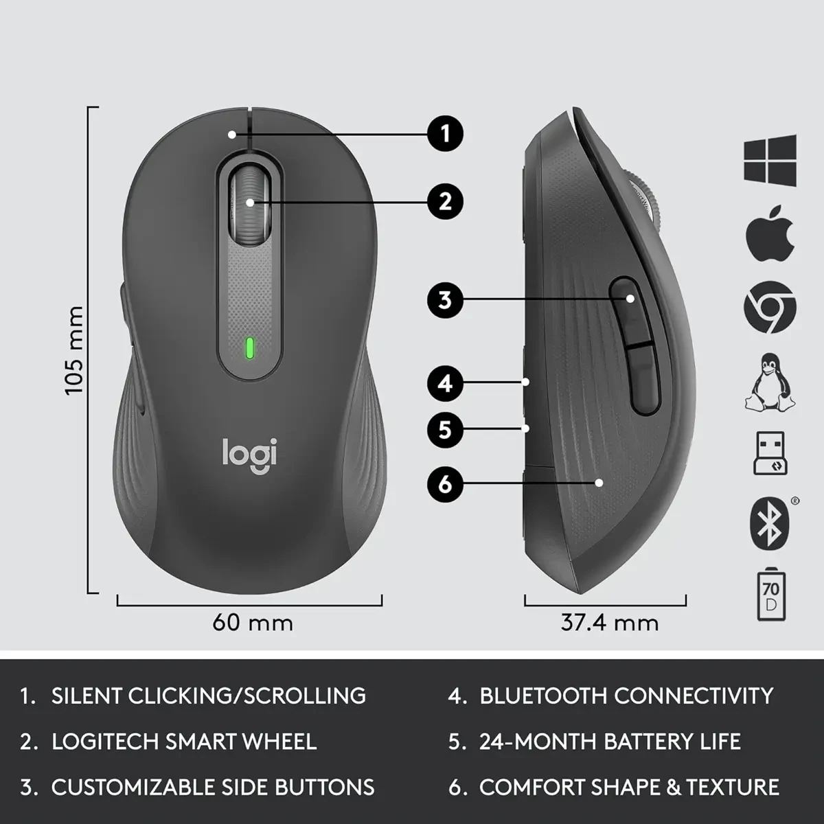 Logitech Signature MK650 Combo for Business, Wireless Mouse and Keyboard, Logi Bolt, Bluetooth, SmartWheel, Globally Certified, Windows/Mac/Chrome/Linux - Graphite - Image 8
