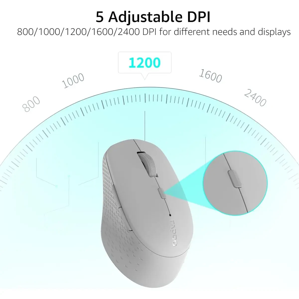 Rapoo M300 Silent Wireless Mouse, Bluetooth Mouse for Laptop, 2.4GHz with USB Receiver, 2400 Adjustable DPI Optical Tracking, 1 Year Battery Life, Compatible with PC, Light Grey - Image 5