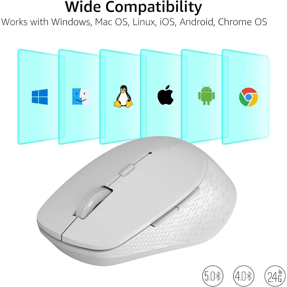 Rapoo M300 Silent Wireless Mouse, Bluetooth Mouse for Laptop, 2.4GHz with USB Receiver, 2400 Adjustable DPI Optical Tracking, 1 Year Battery Life, Compatible with PC, Light Grey - Image 8