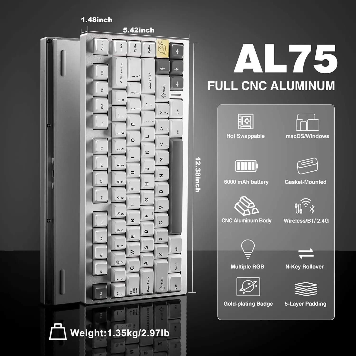 Yunzii AL75 Wireless Mechanical Gaming Keyboard, Full Aluminum CNC, 75% Layout, BT/2.4G/Wired, Hot Swap, Linear Switch, TKL Gasket, RGB Backlight, Programmable for Mac/Win (Silver, Cocoa Cream V2) - Image 2