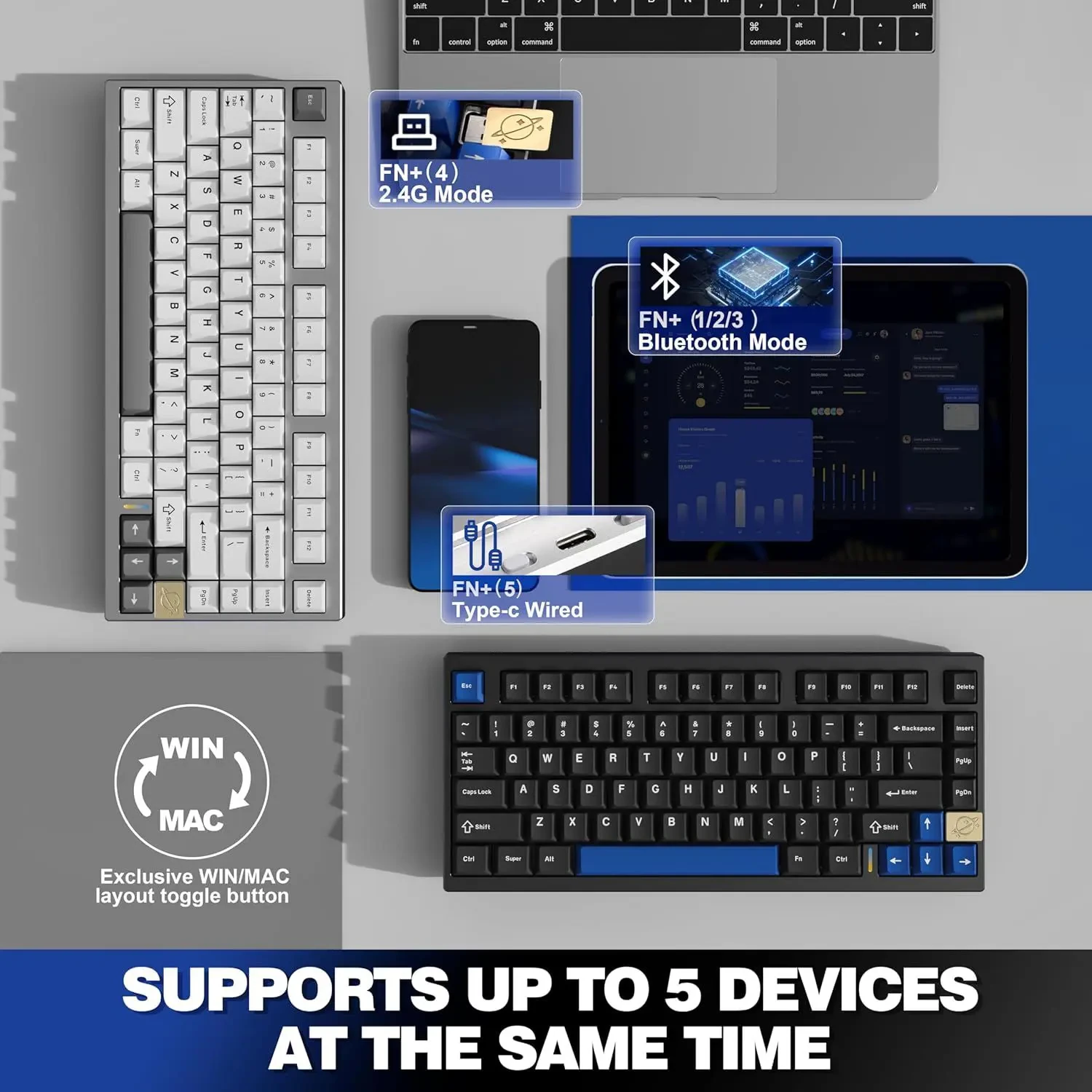 Yunzii AL75 Wireless Mechanical Gaming Keyboard, Full Aluminum CNC, 75% Layout, BT/2.4G/Wired, Hot Swap, Linear Switch, TKL Gasket, RGB Backlight, Programmable for Mac/Win (Silver, Cocoa Cream V2) - Image 4