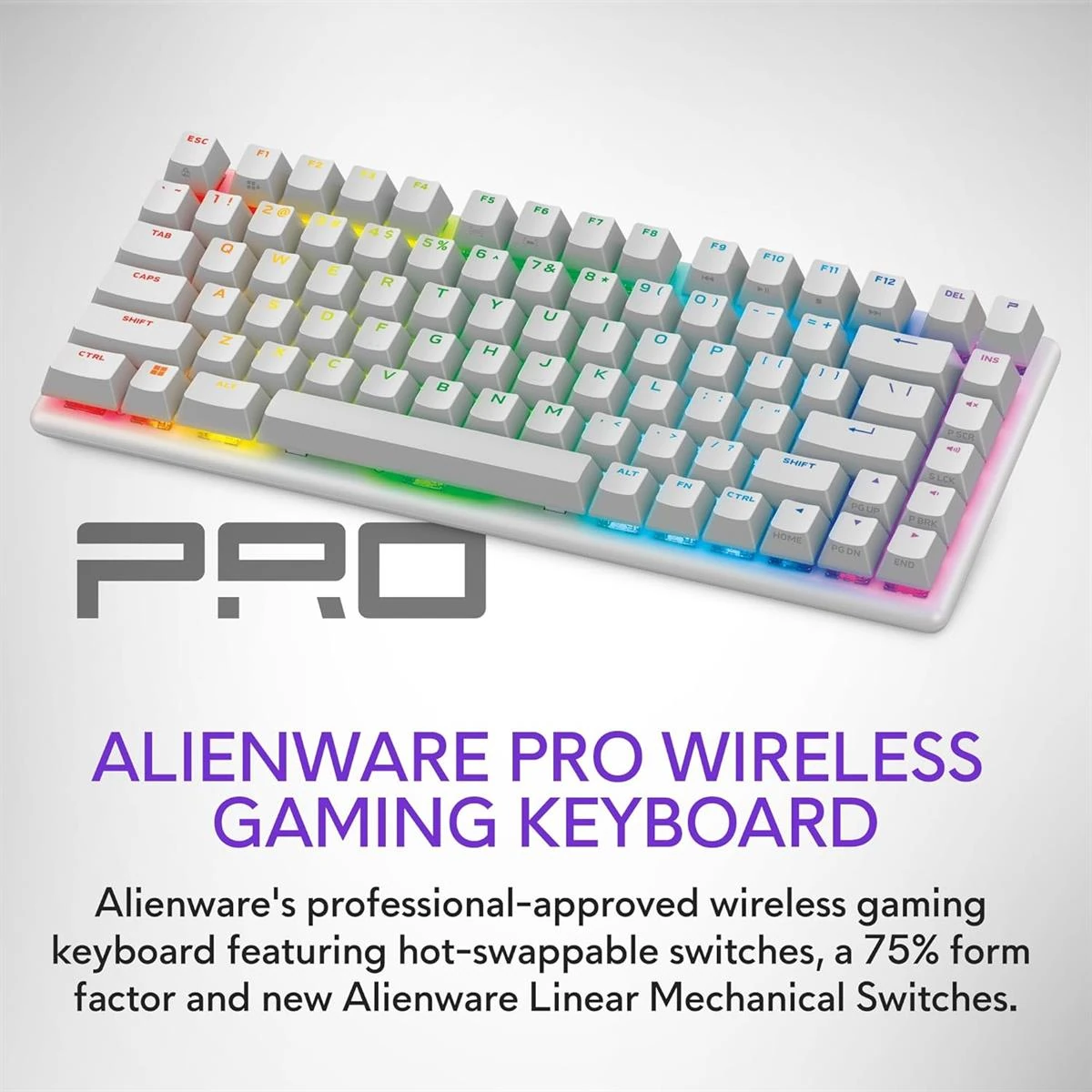 Alienware Pro Wireless Gaming Keyboard - Bluetooth 5.1/2.4 GHz Radio Frequency Connectivity, Linear Mechanical, Hot-Swappable Switches, Tri Mode Connectivity, Adjustable Height - Lunar Light (Box Open) - Image 2